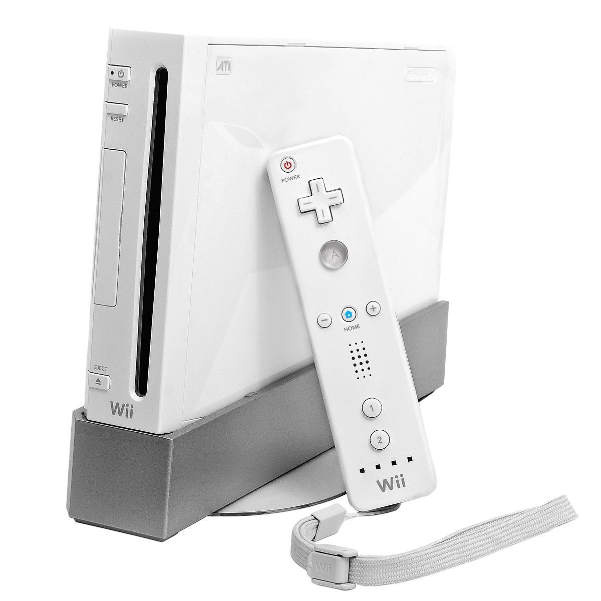 The Wii-console in its stand with controller.