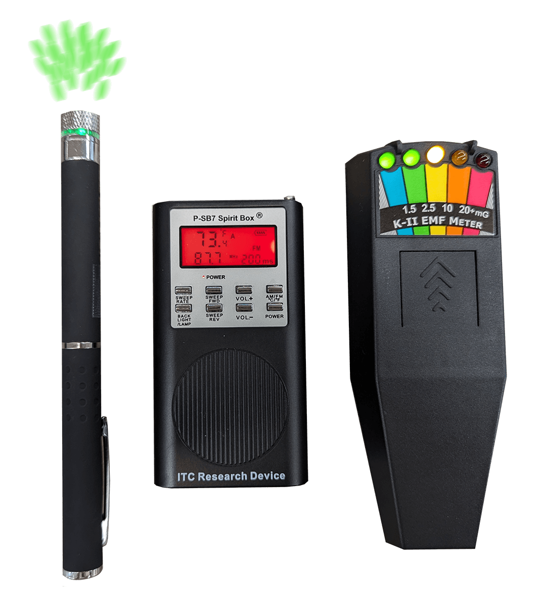 A photo of a laser pen, a rectangular box with 5 indicator lights, and a small radio.
