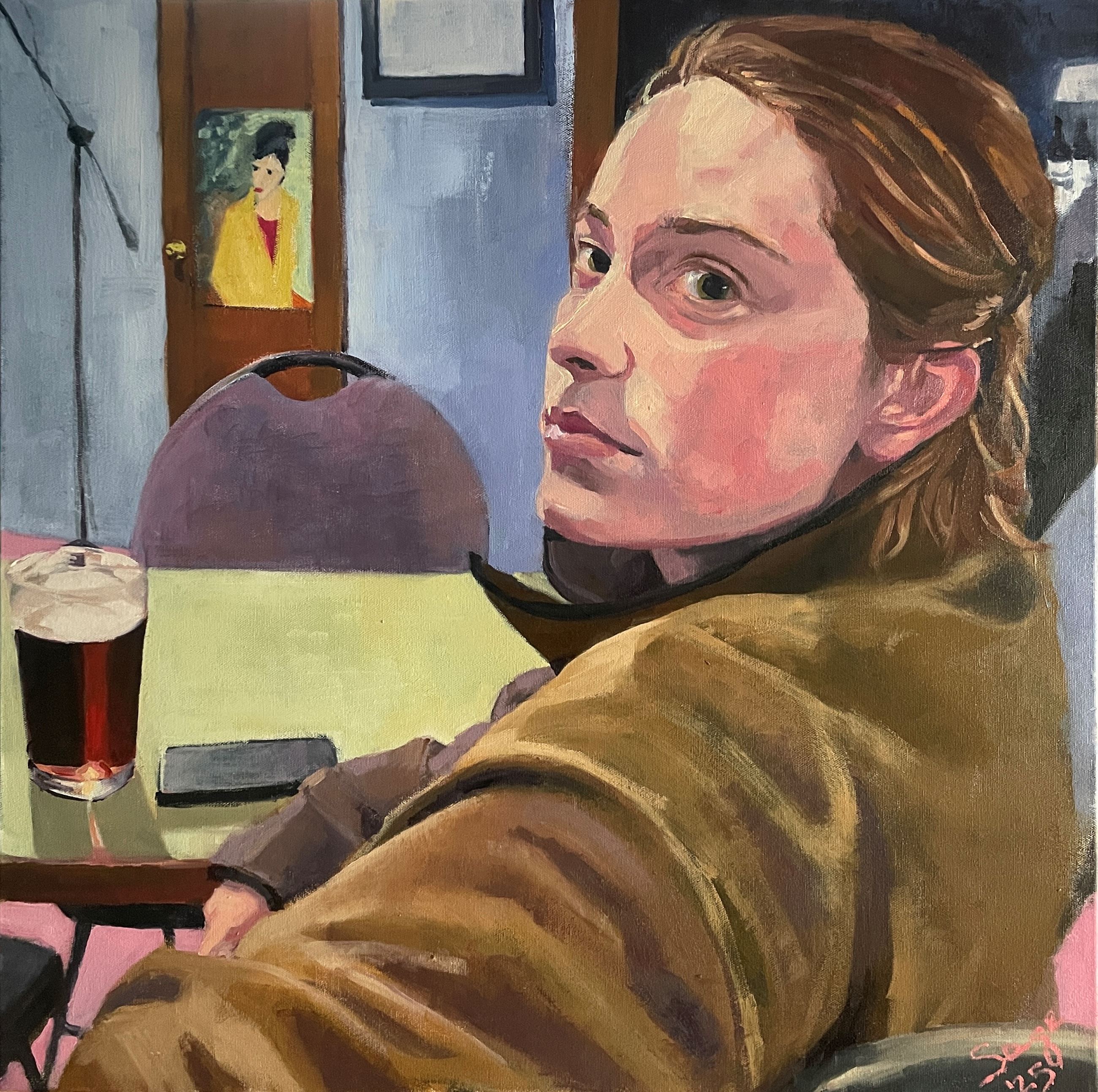 An oil picture a woman looking back over her shoulder